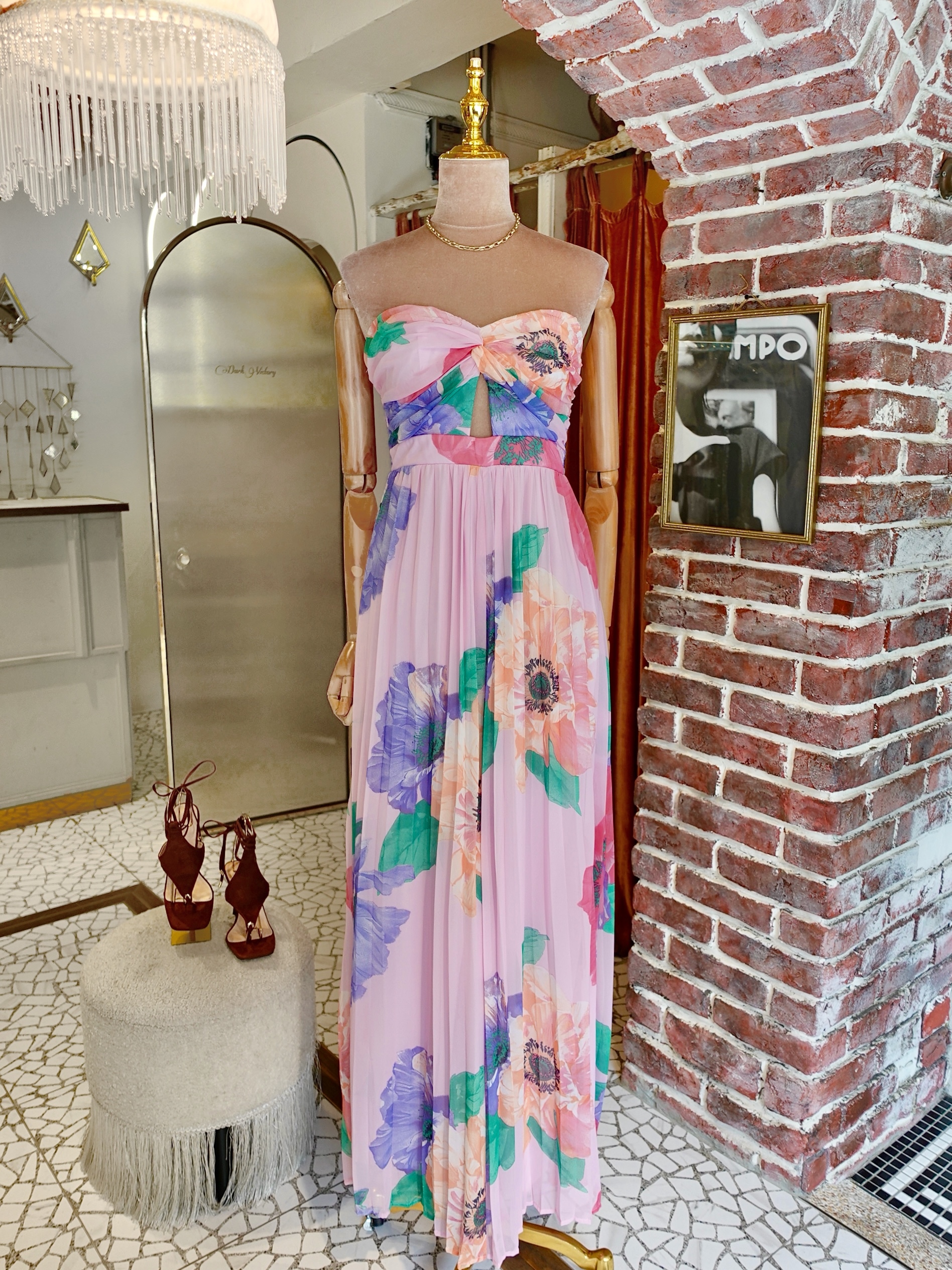 Pink Floral粉紅色印花雪紡紗扭結Cutout領連身長寬褲