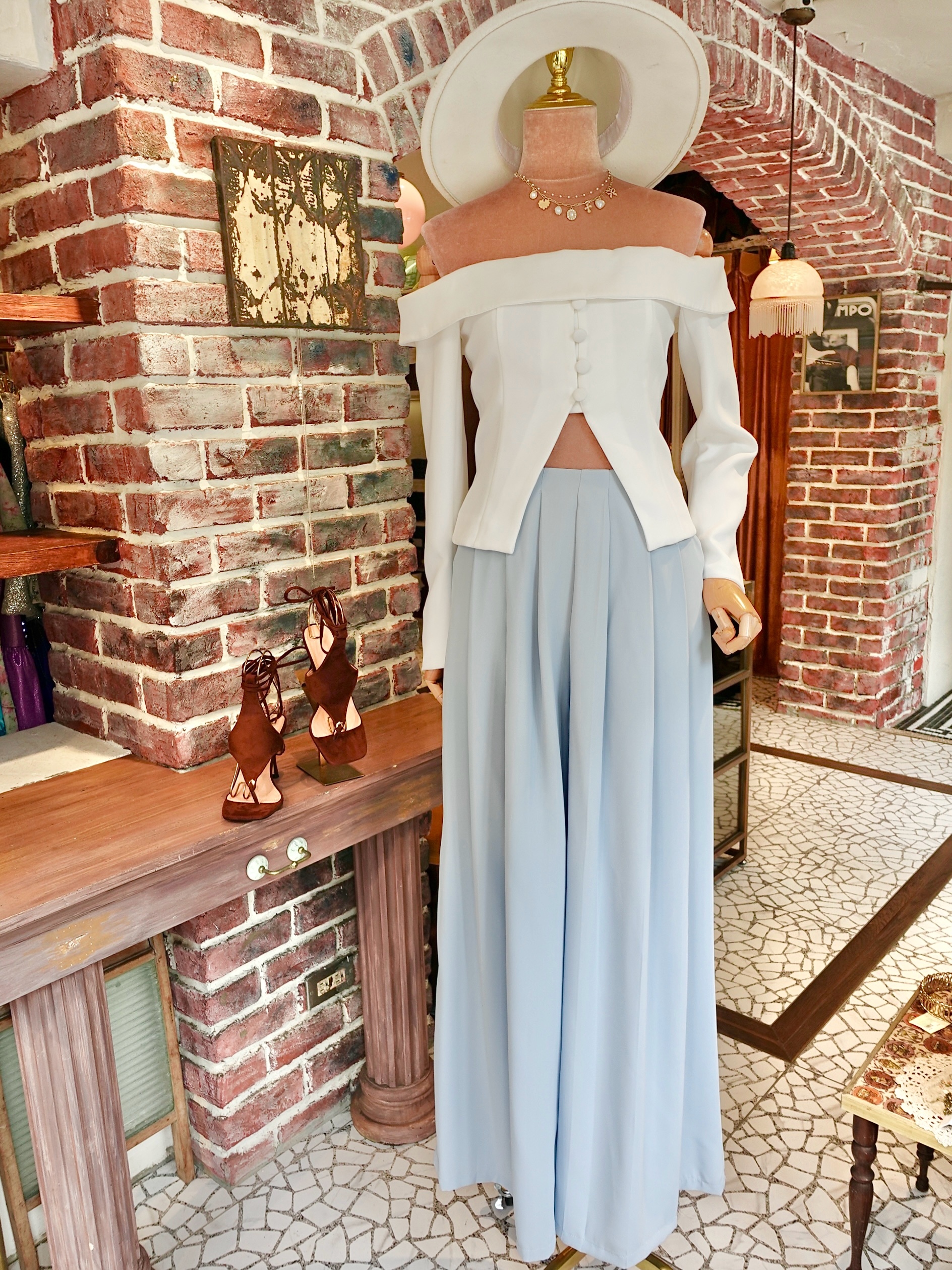 Sky Blue淡藍色百褶高腰長寛褲