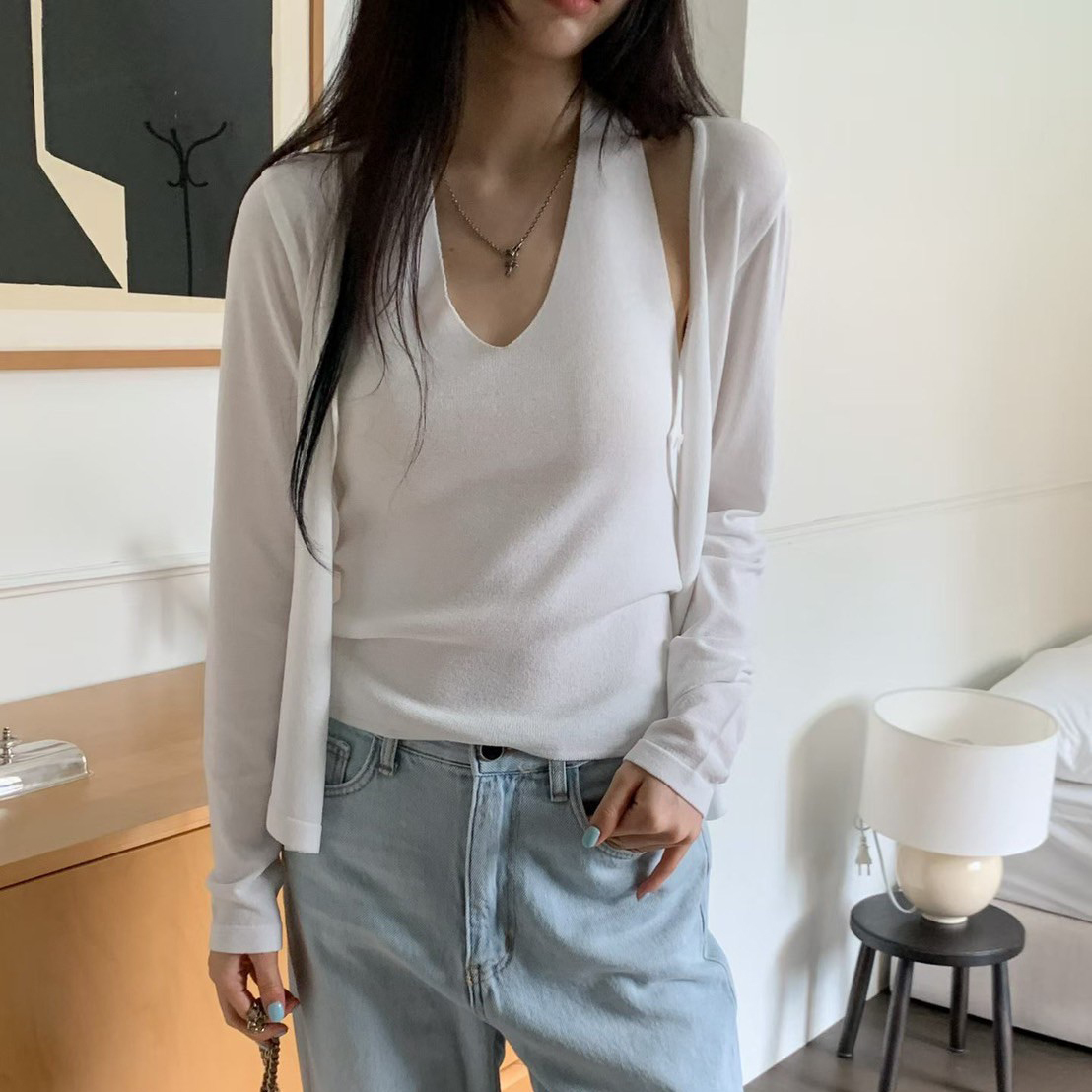 繞脖V領背心上衣+圓領排釦罩衫SET / 4色