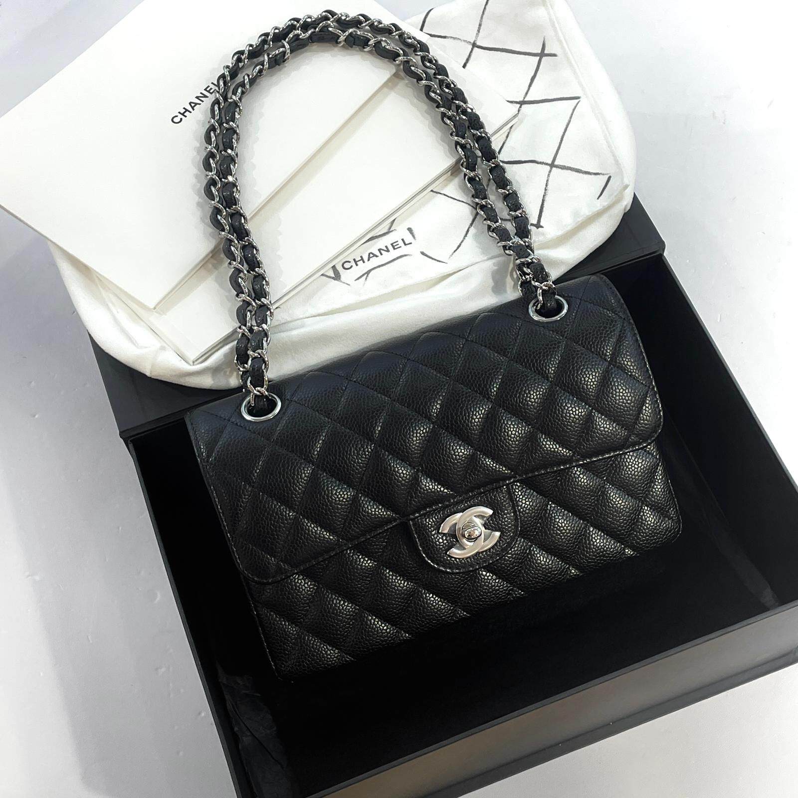 限時約5折!!! 全新CHANEL CF23 A01113 黑色荔枝皮銀扣@晶片款 Classic Flap Bag #兩年免費保養 #BRAND NEW #香榭站正品