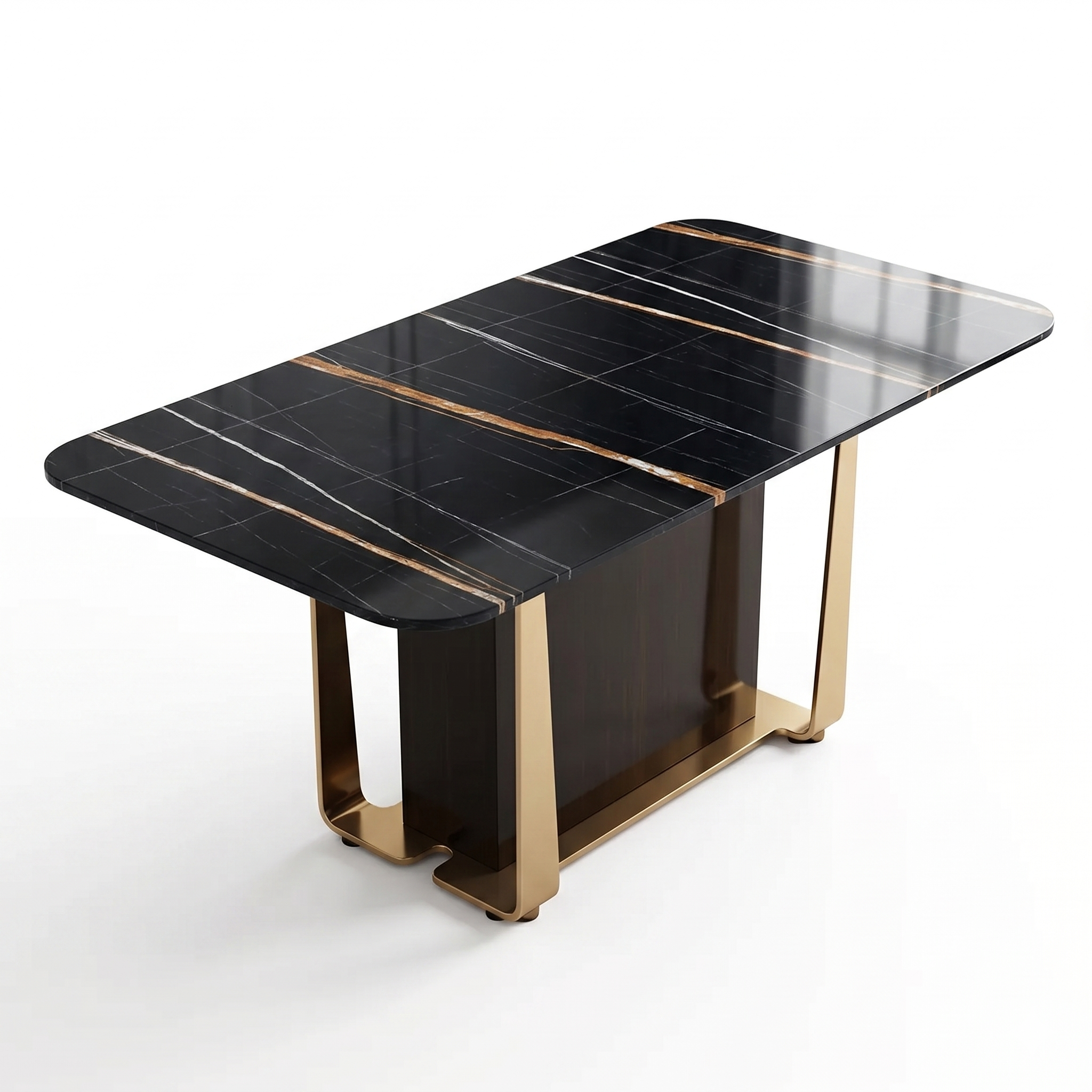 「曜黑藝術」現代大理石紋長餐桌：美學不鏽鋼鍍金腳座