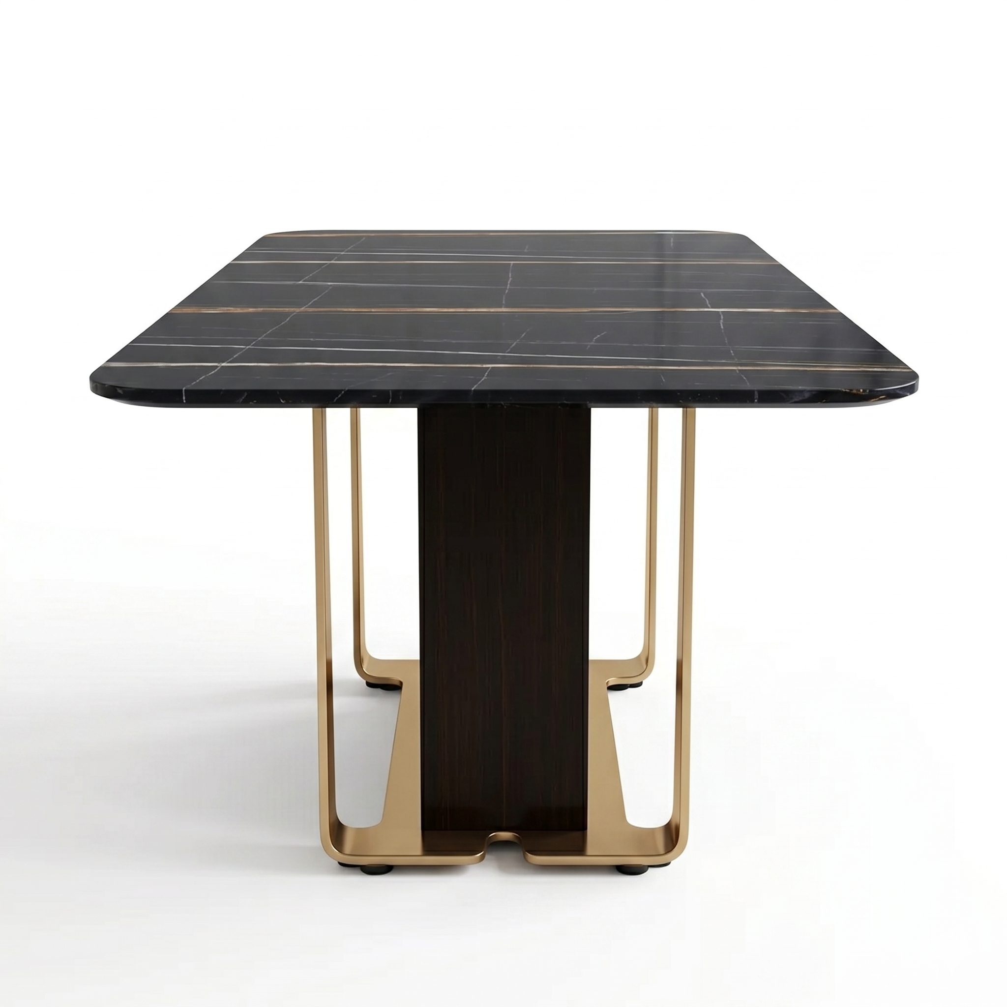 「曜黑藝術」現代大理石紋長餐桌：美學不鏽鋼鍍金腳座