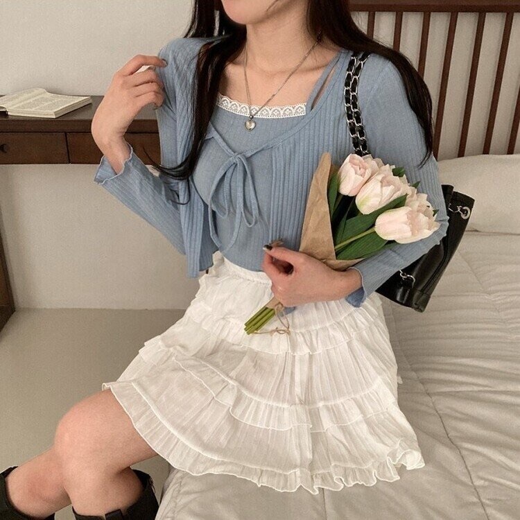 （4月韓國連線）S0230｜約會女友風蕾絲背心連直紋綁帶外套SET݁ ˚୨୧⋆.˚
