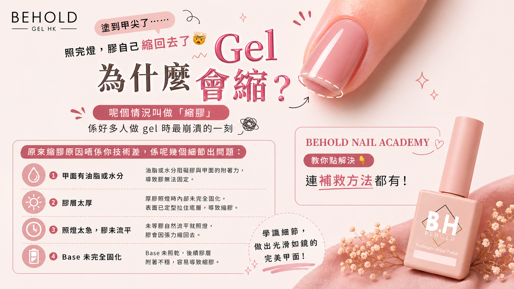 BEHOLD GEL HK 為什麼 Gel Nail 會縮膠教學封面——原因及解決方法
