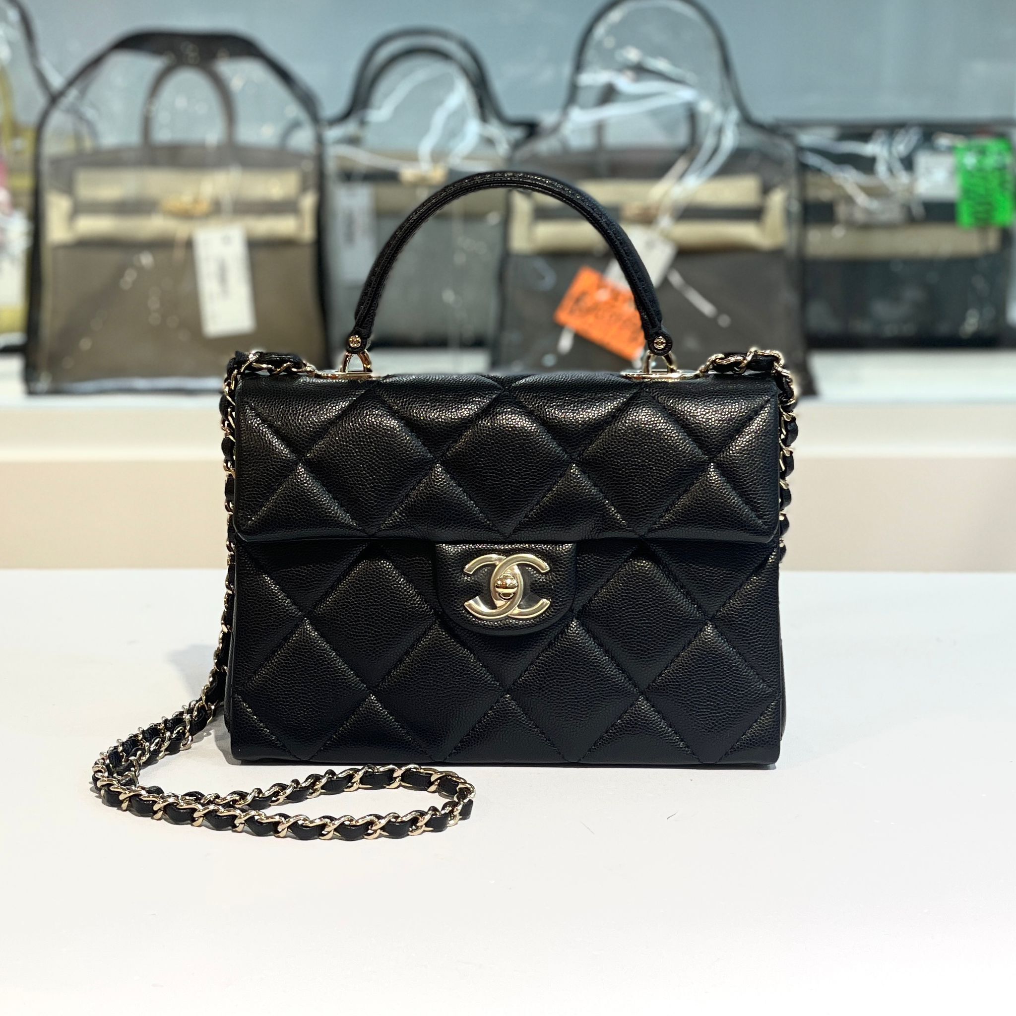 全新CHANEL AS4711 TOP HANDLE 黑色荔枝皮淡金扣 SHOULDER BAG @晶片款 #BRAND NEW #香榭站正品