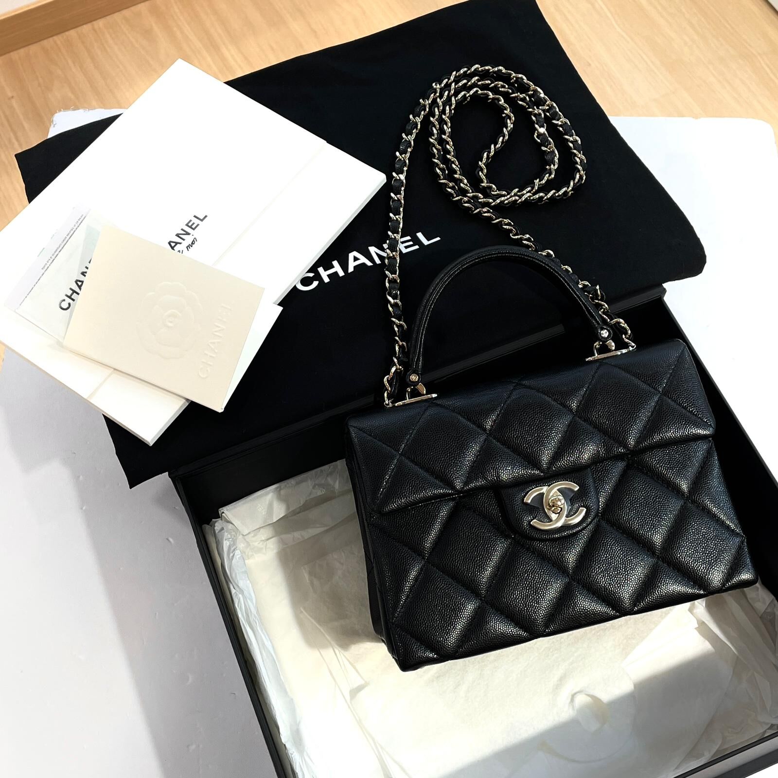 全新CHANEL AS4711 TOP HANDLE 黑色荔枝皮淡金扣 SHOULDER BAG @晶片款 #BRAND NEW #香榭站正品