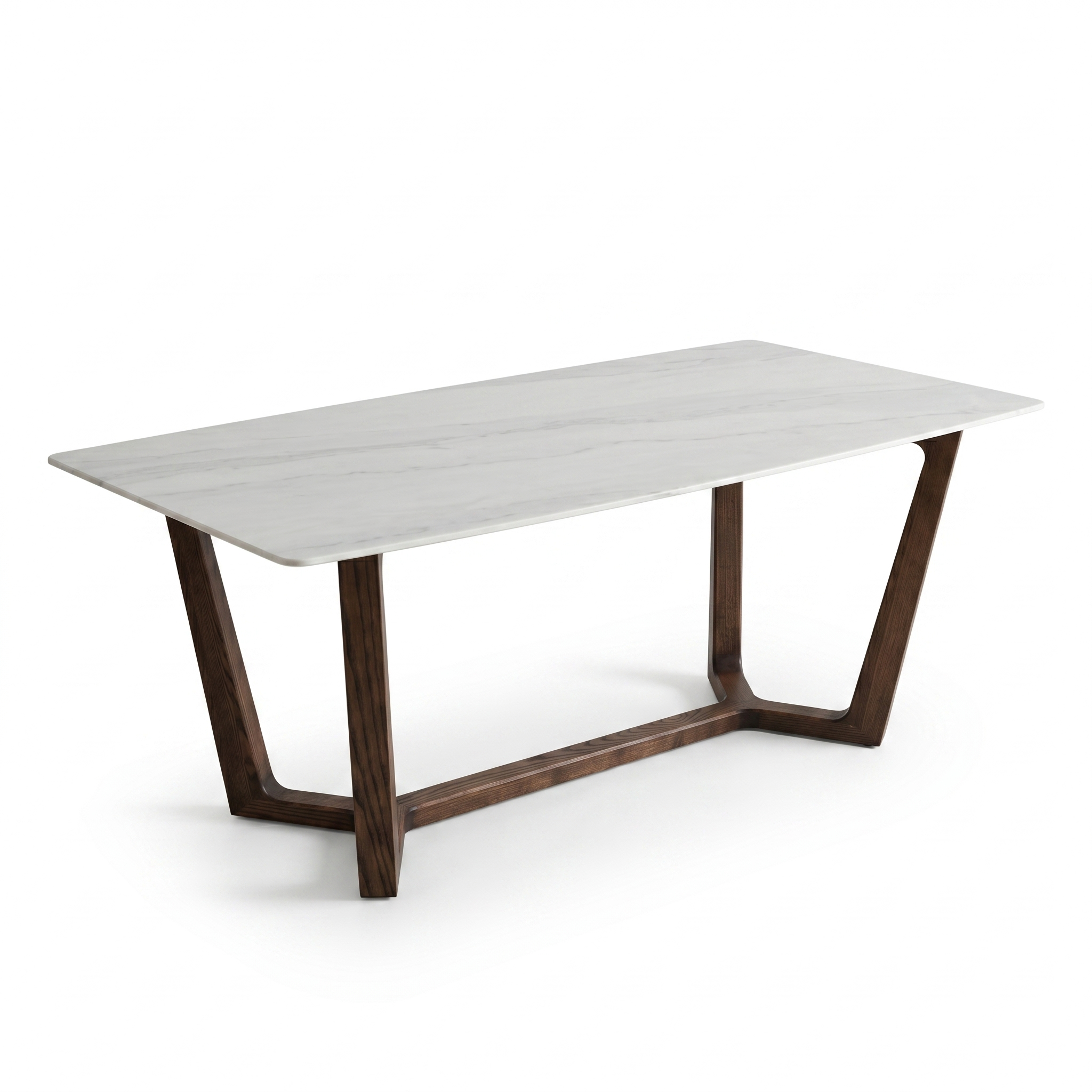 「森呼吸」北歐風實木感長餐桌：胡桃木色幾何腳座與大理石紋桌面