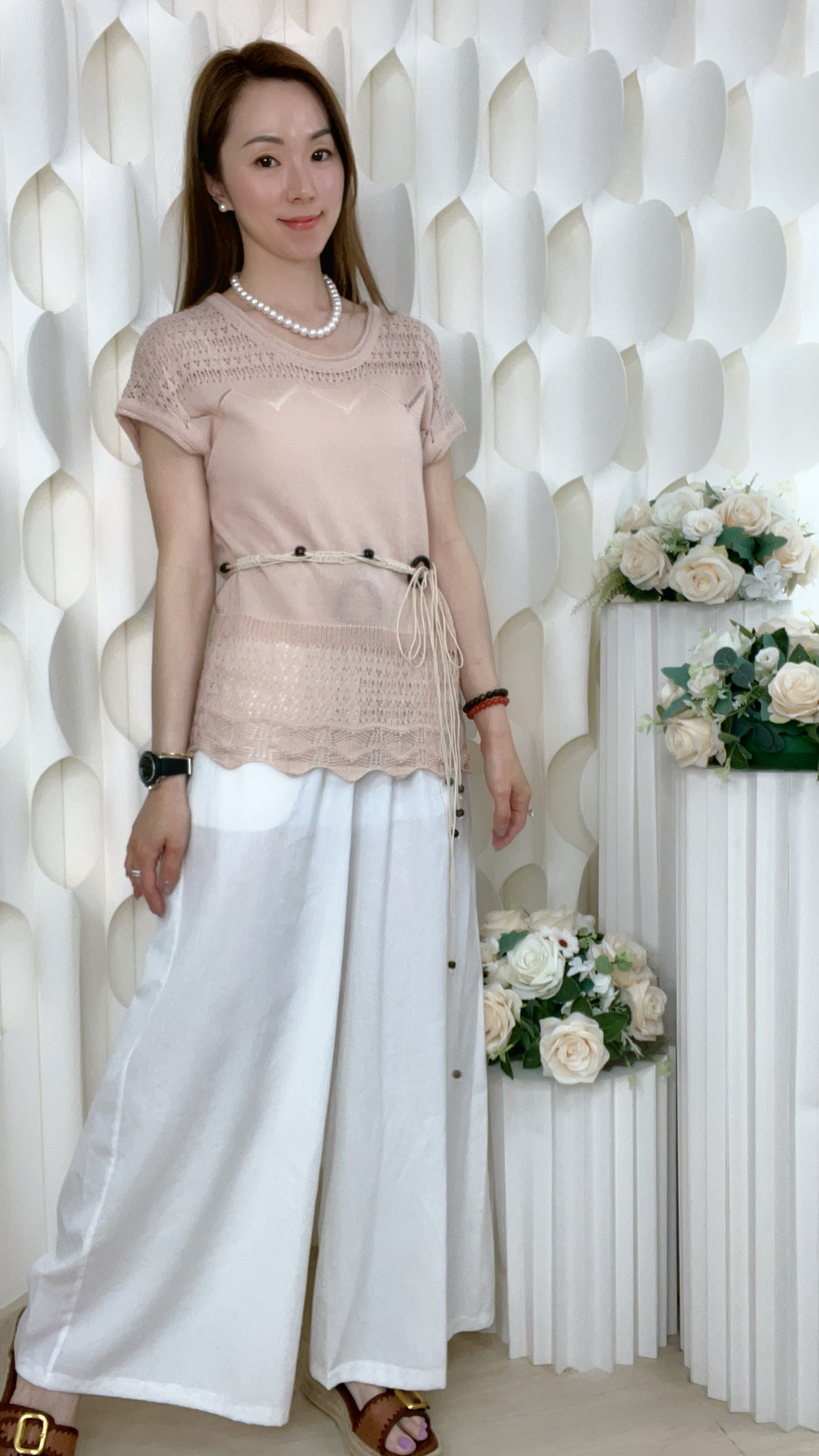 梭織棉麻料休閒透氣連腰帶闊腿長褲(腰24-38 臀46 長39 吋)56614 #2804clo