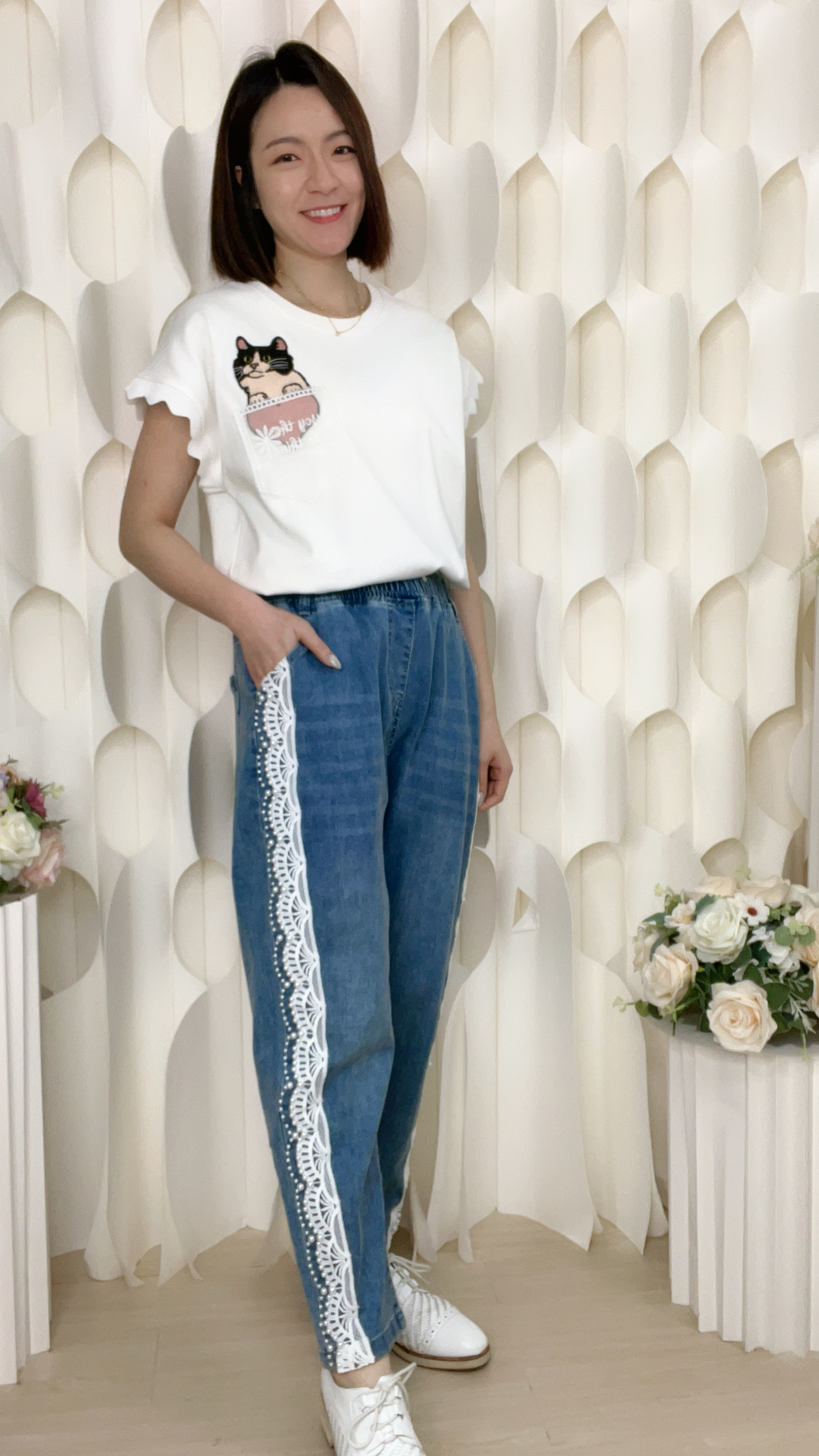 鏤空LACE釘珠牛仔寬褲(腰28-36 臀46 長37 吋)90175 #2804clo