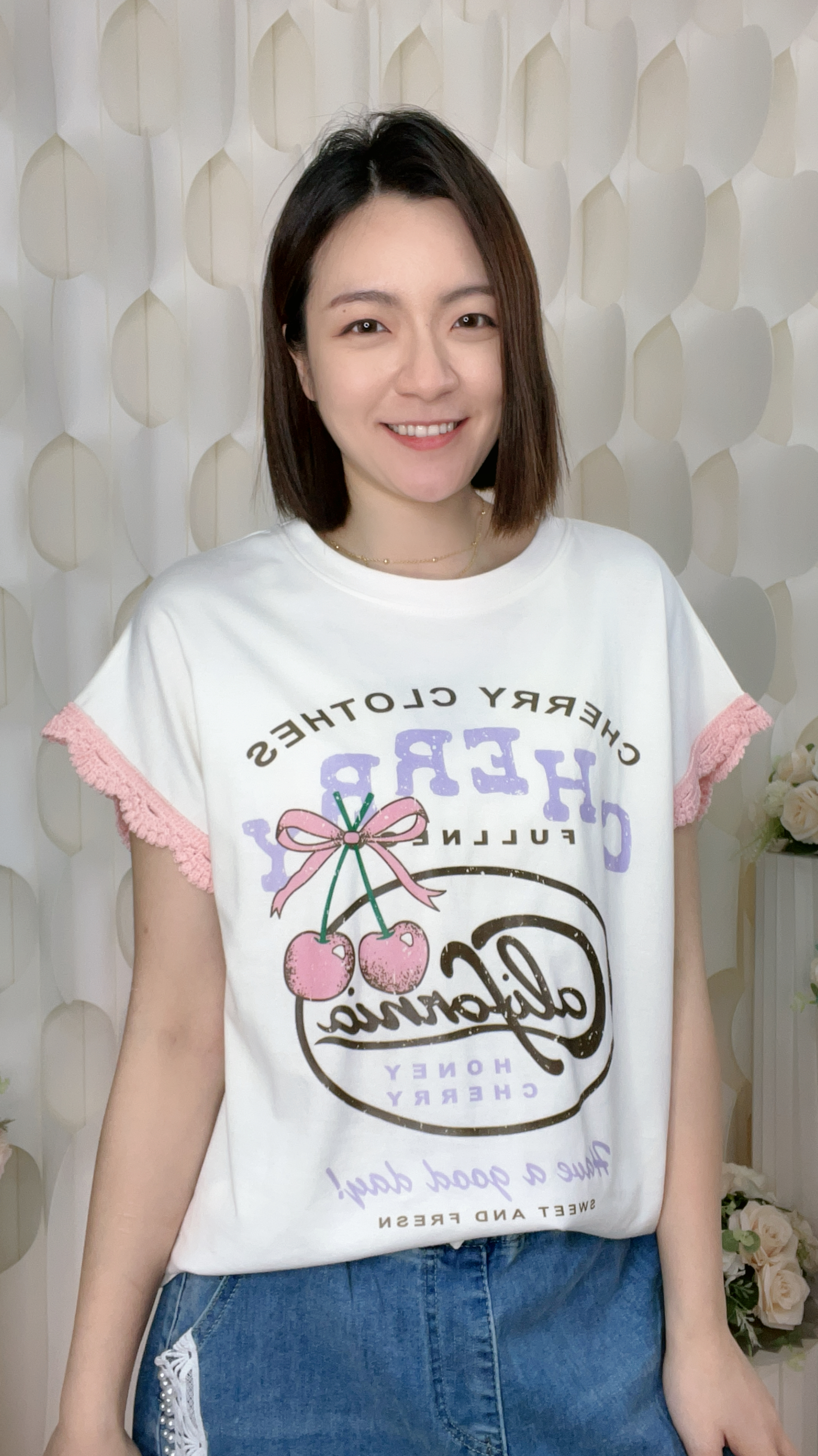 英文字母車厘子印花拼LACE棉質上衣(胸44-54 腰44-54 長23 吋)022 #2804clo