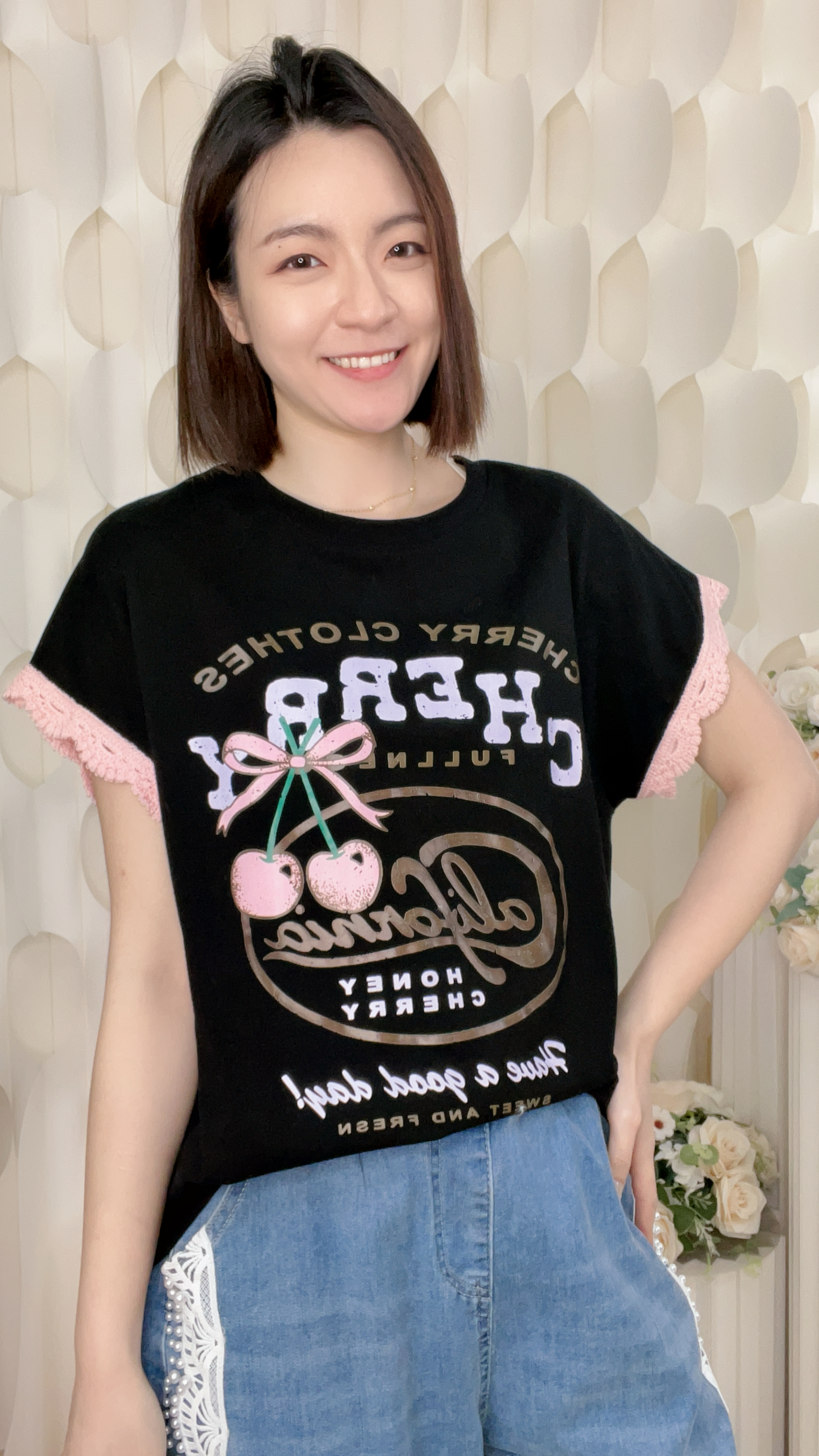 英文字母車厘子印花拼LACE棉質上衣(胸44-54 腰44-54 長23 吋)022 #2804clo