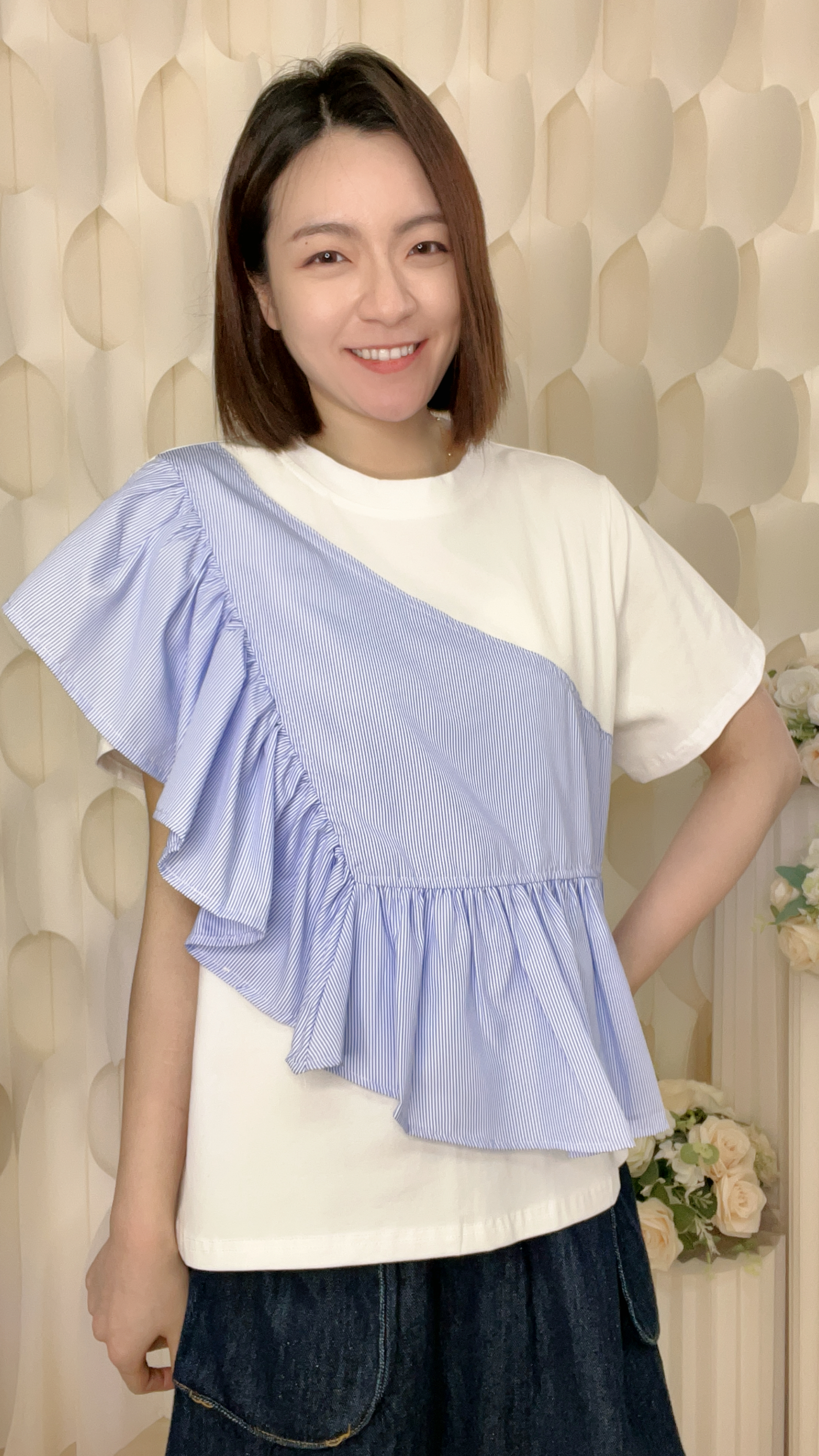 棉質拼梭織RUFFLE上衣(胸42-50  腰44-52 長24 吋)56618 #2804clo