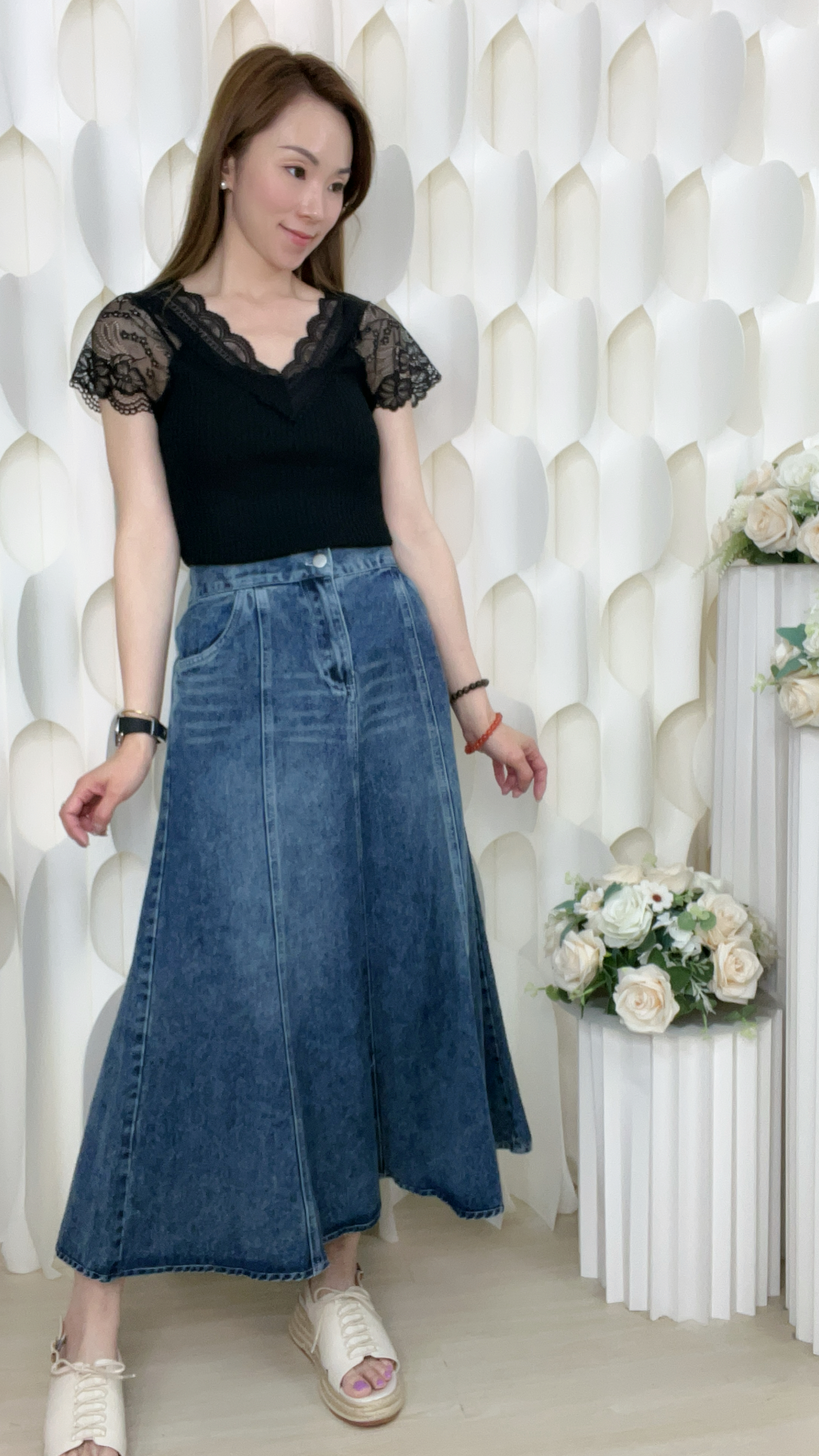 牛仔棉後橡筋半截裙(腰26-32 臀42 長32 吋) 12854 #2804clo