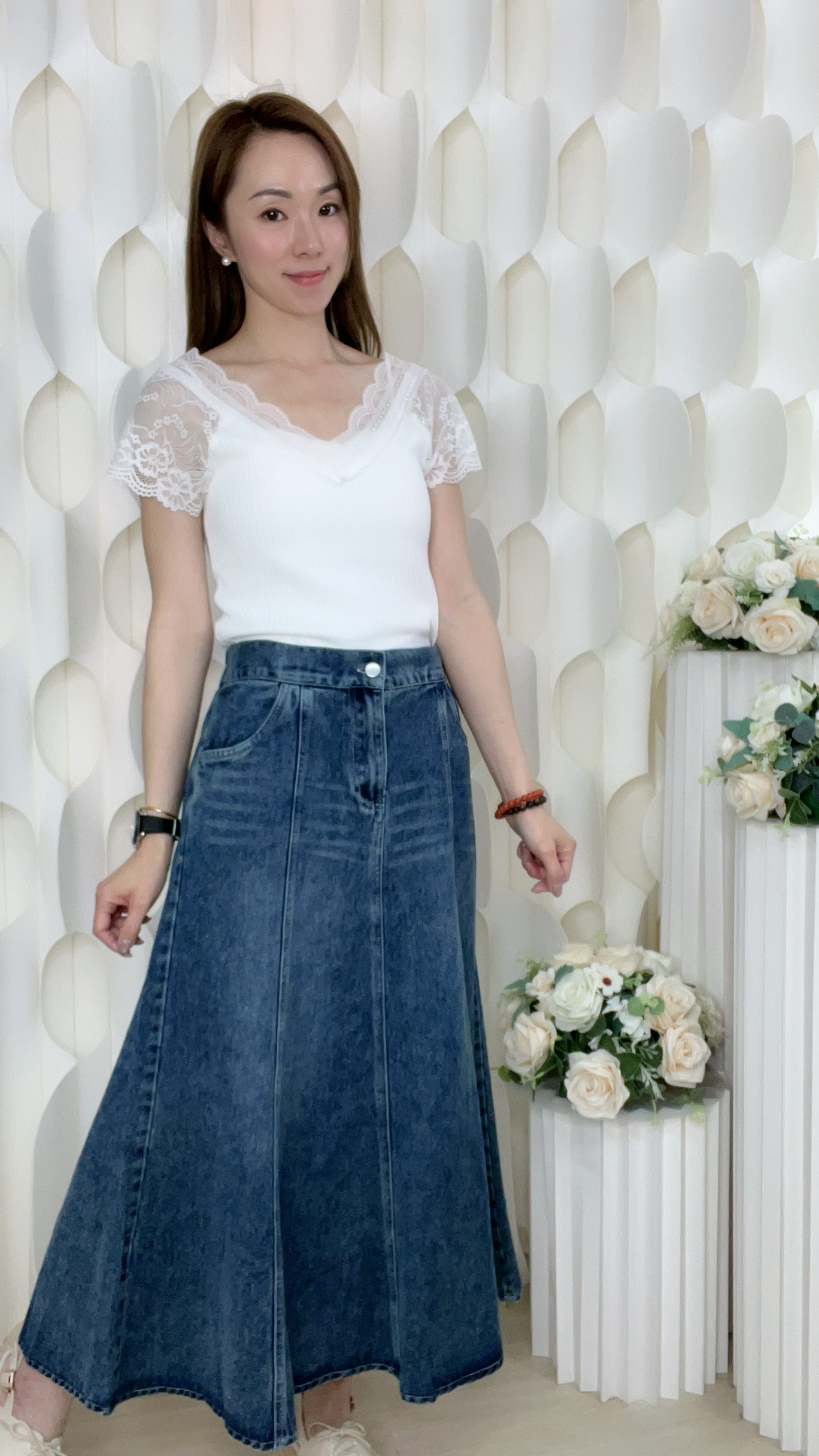 牛仔棉後橡筋半截裙(腰26-32 臀42 長32 吋) 12854 #2804clo