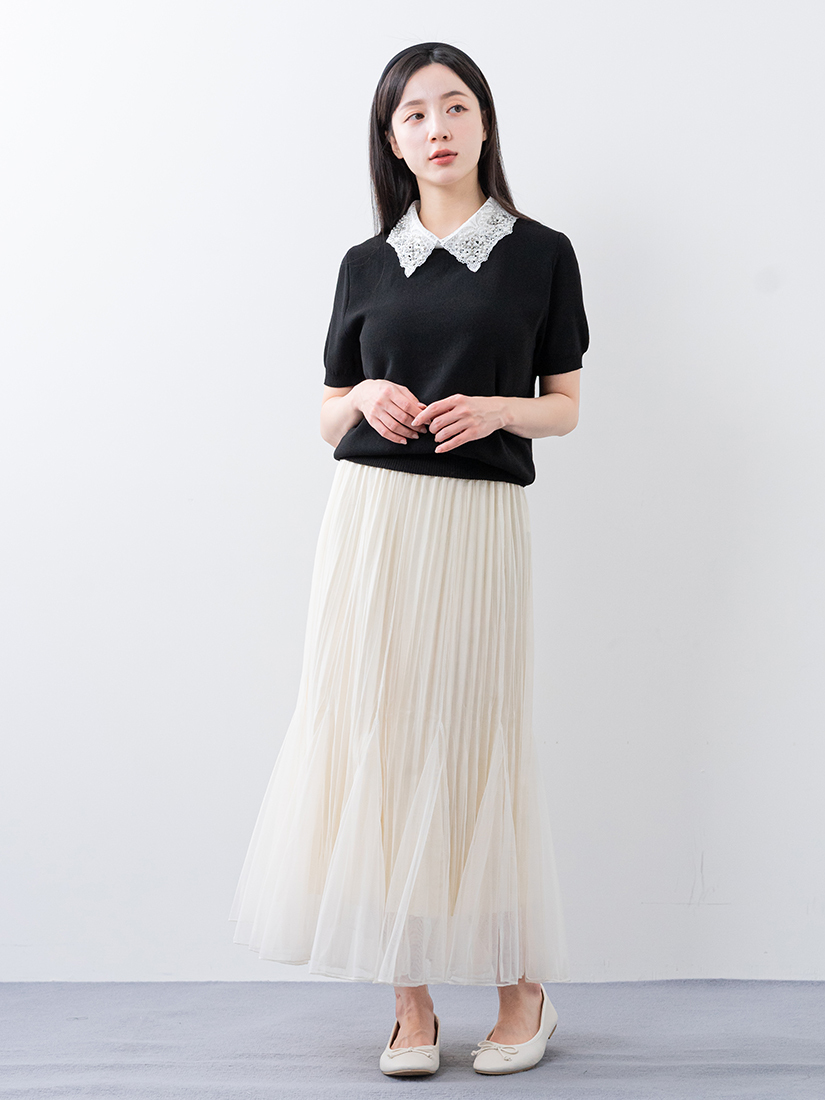 珍珠領片針織上衣百褶拼接層次魚尾紗裙組合
