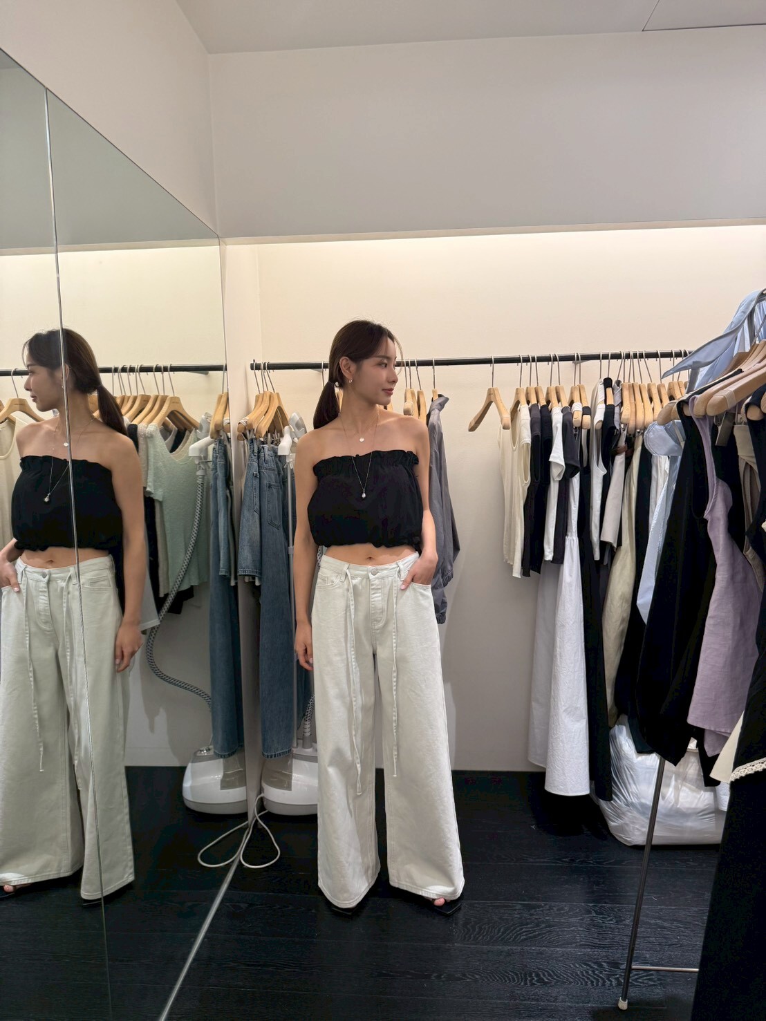 OB6122 抽繩淺色牛仔寬腳長褲