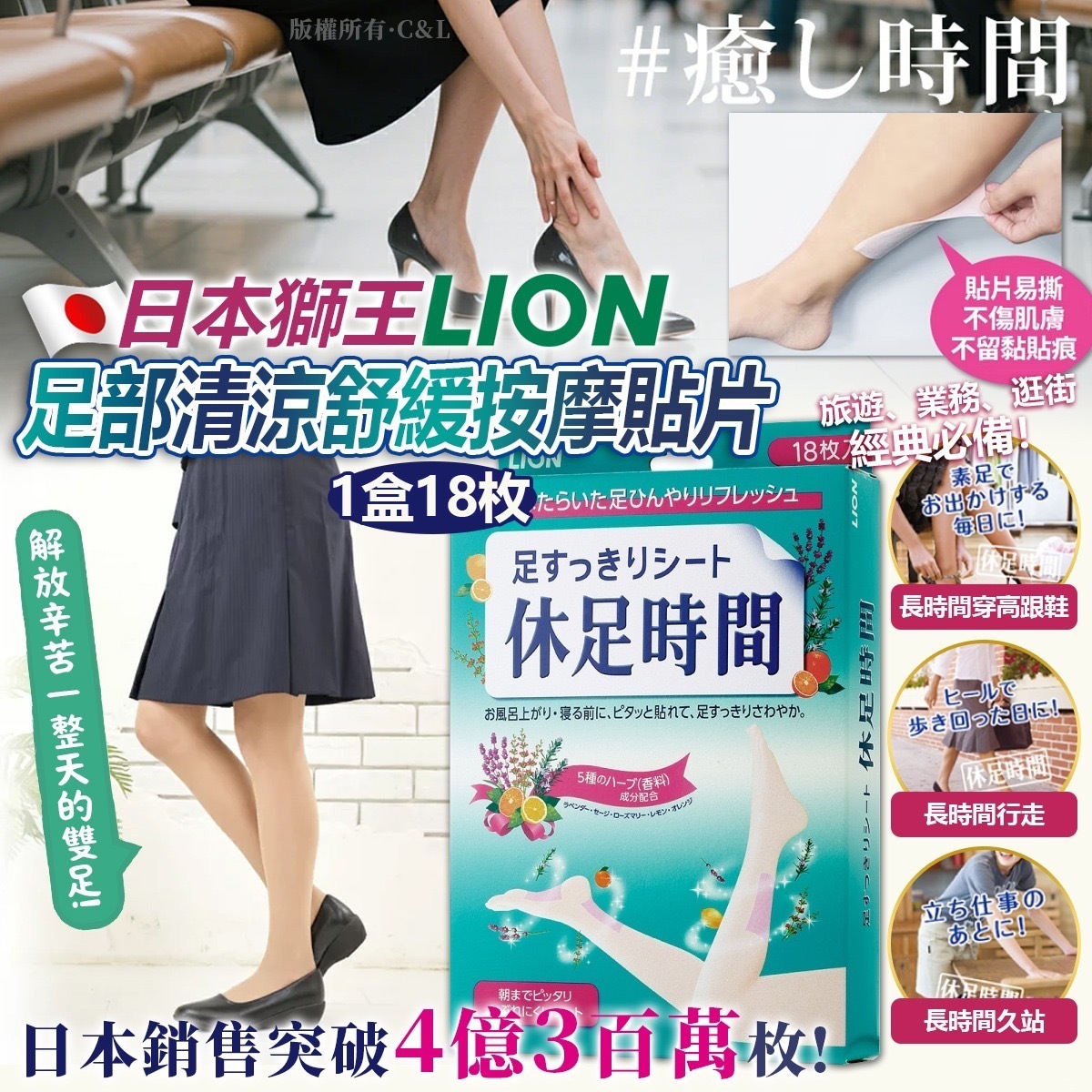 日本獅王LION足部清涼舒緩按摩貼片 1盒18枚