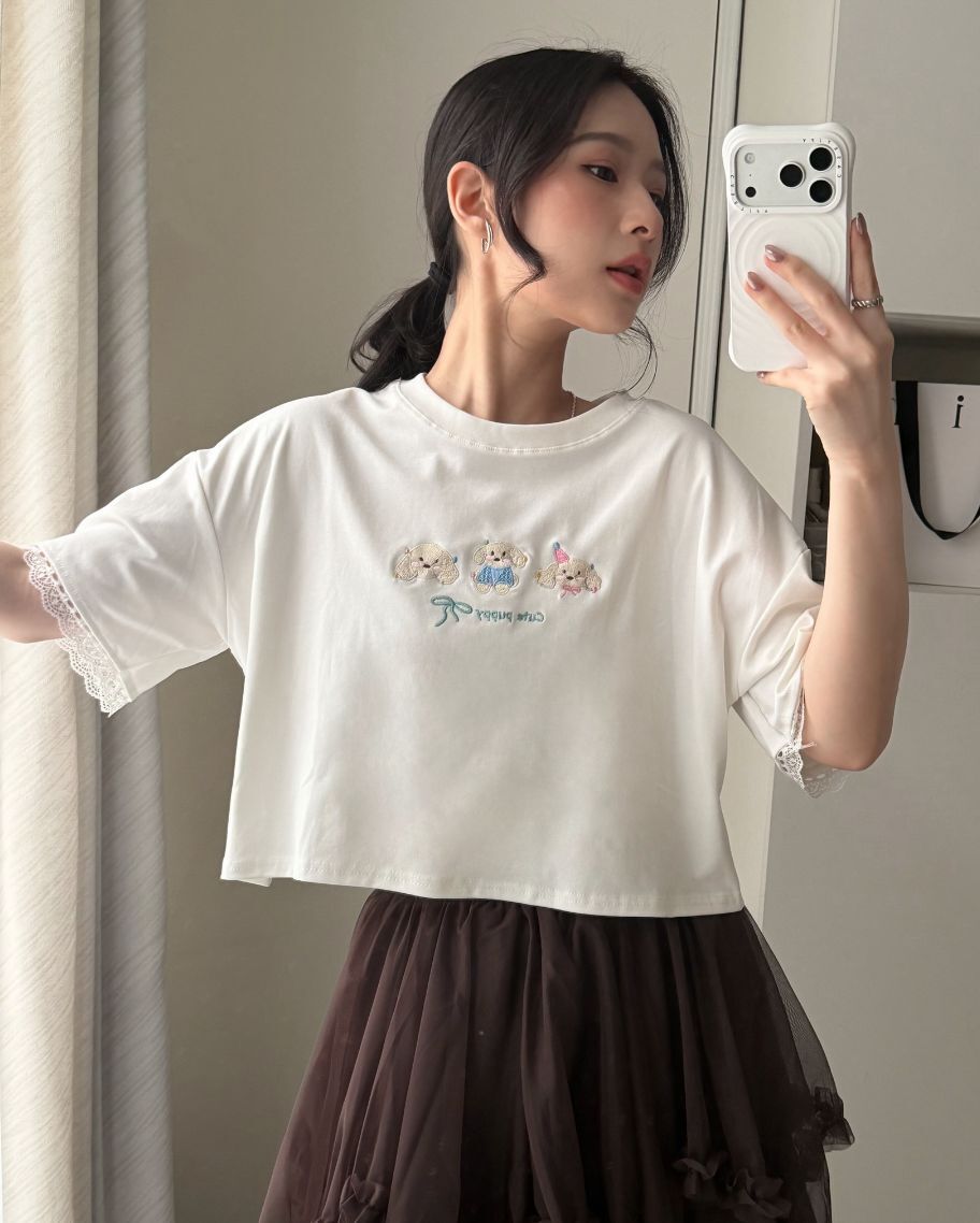 日系甜感小狗蕾絲短上衣