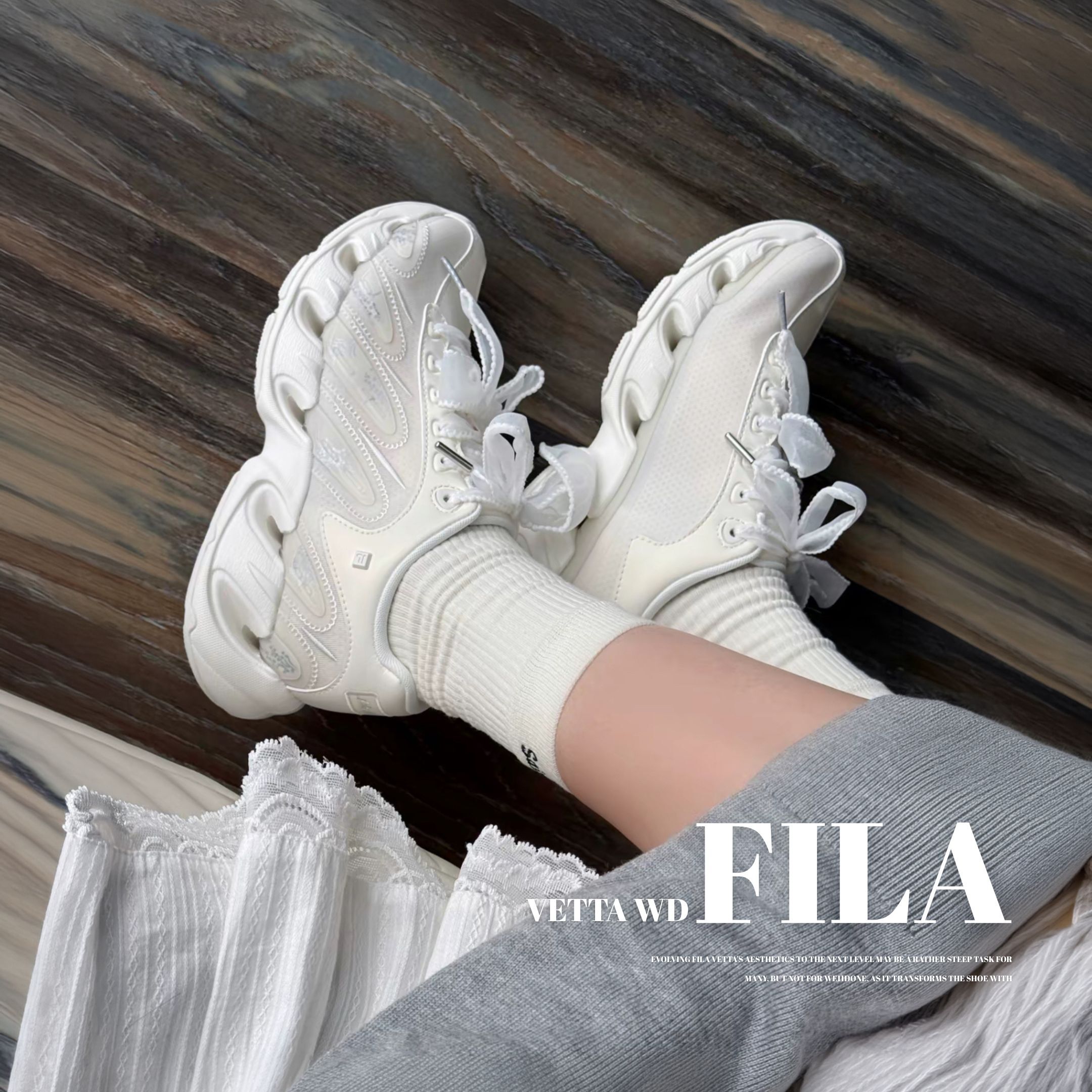 NICEDAY 代購 FILA 白色 厚底 增高 老爹鞋 簍空 蝴蝶結 芭蕾設計 韓韶熙同款 F12W622144FCM