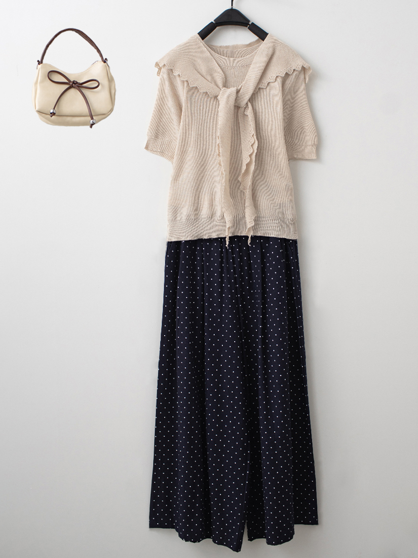 披肩兩件式針織上衣棉麻感點點九分寬褲組合