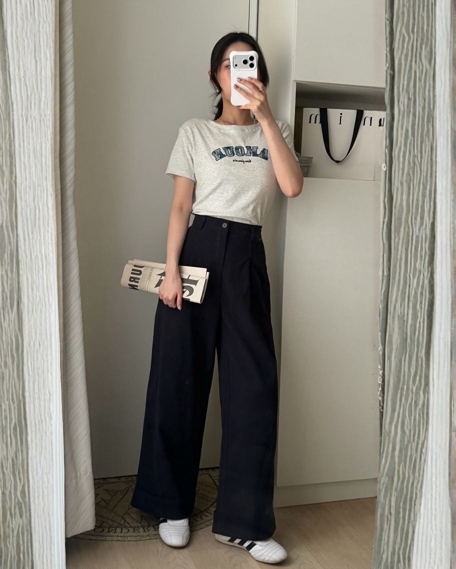 反摺設計高腰打褶寬褲