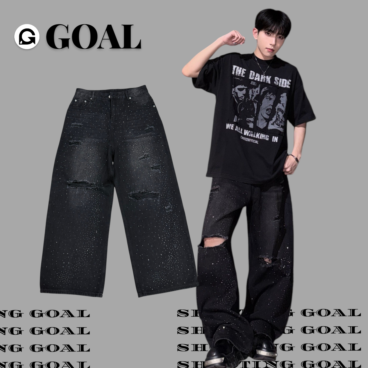 (GOAL) 破壞刷色滿鑽落地褲 S2537