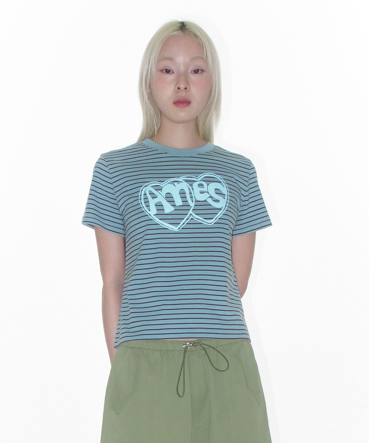 AMES WORLDWIDE 愛心噴漆條紋短袖TEE 藍色 AM2GMUT503ABL