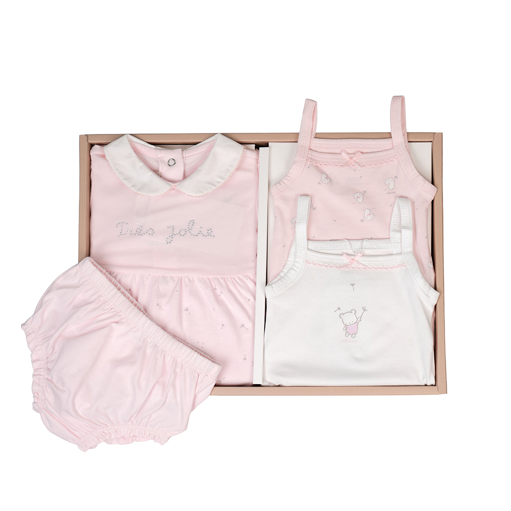 小兔花園短袖洋裝+包屁褲+連身衣彌月禮盒(四件組)