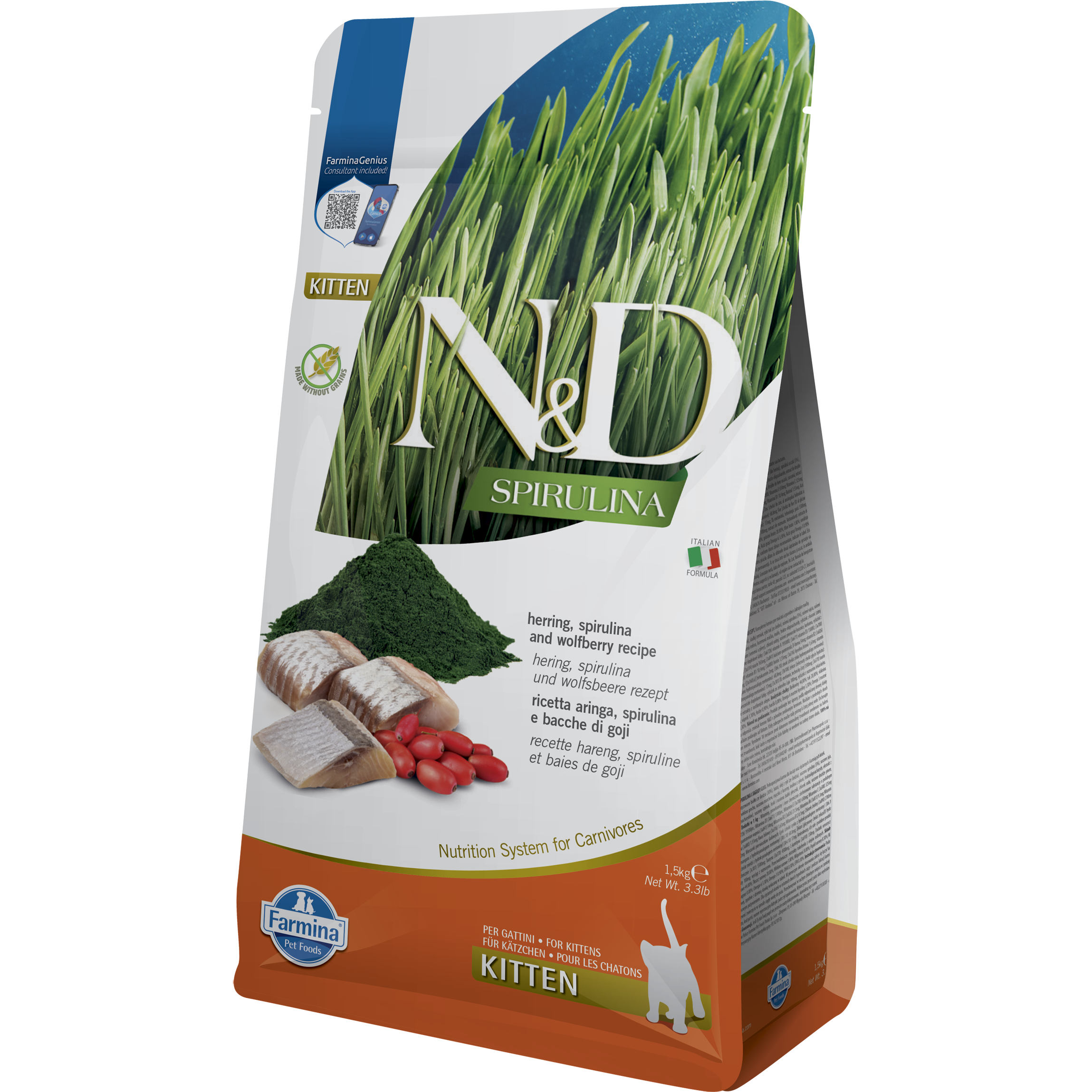 N&D – 天然螺旋藻無穀系列 - (幼貓) 鯡魚 Grain Free Spirulina Herring for KITTEN 1.5kg