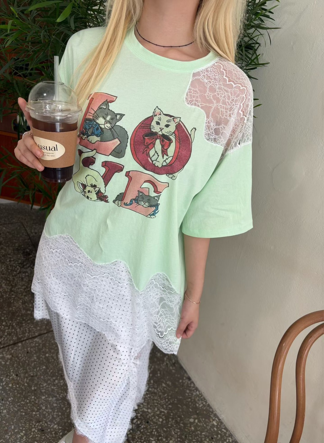 挖空蕾絲貓咪T
