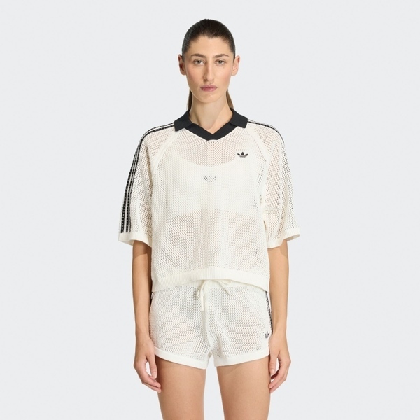 Adidas 愛迪達 Crochet Polo KC6490 女 Polo衫 休閒短袖 米白 鉤織 V領