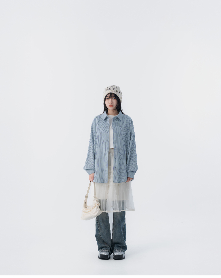 Striped single-pocket wide-sleeve long-sleeved shirt, available in two colors.【01025754】in stock+pre-order