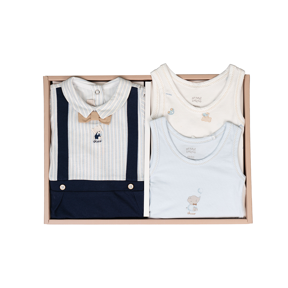 小象校園假吊帶短袖兔裝+連身衣彌月禮盒(三件組)