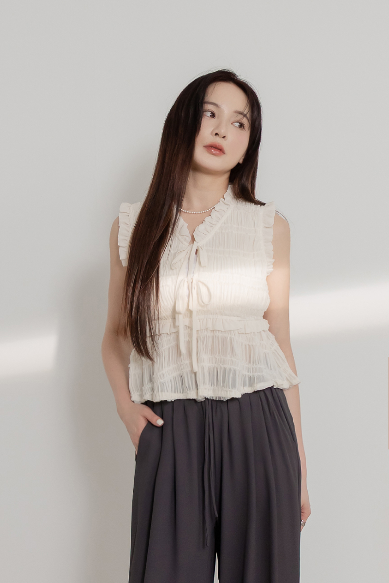 荷葉滾邊半開襟綁帶上衣