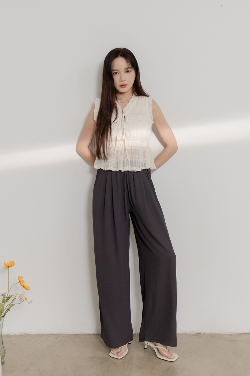 荷葉滾邊半開襟綁帶上衣