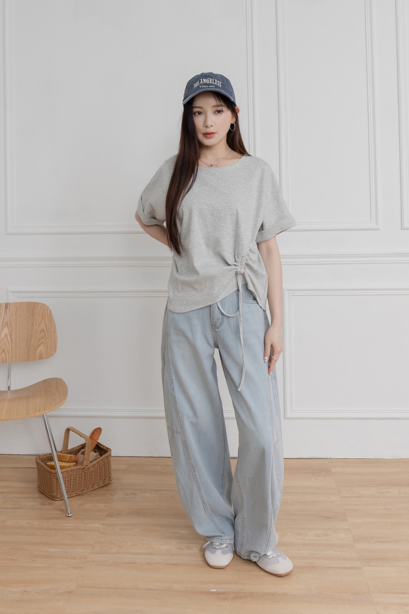 反摺袖下襬抽繩落肩寬T