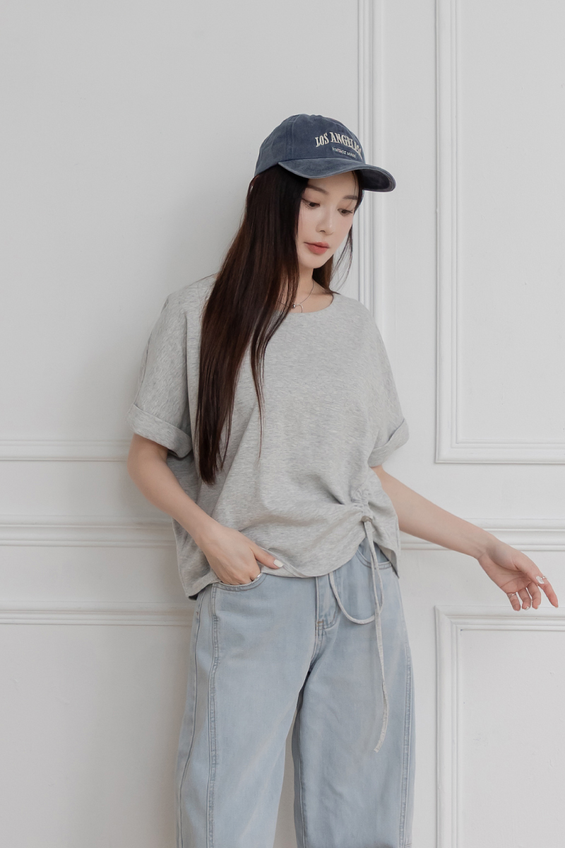 反摺袖下襬抽繩落肩寬T