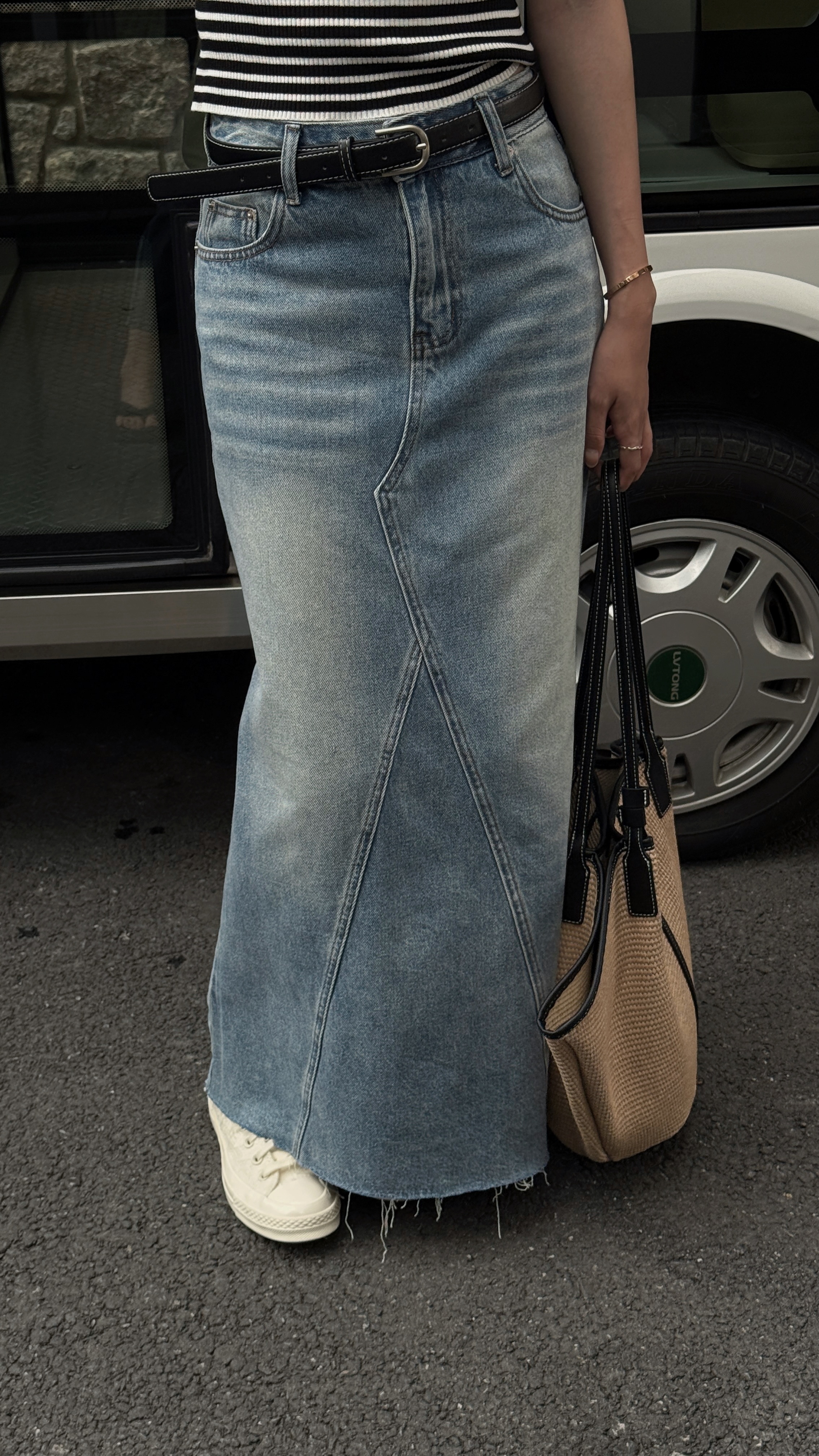 復古刷色後開衩牛仔魚尾裙