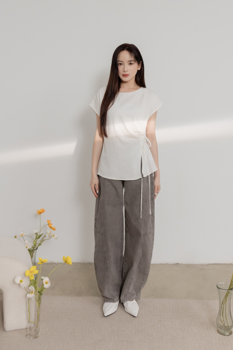 棉麻寬鬆腰綁帶上衣
