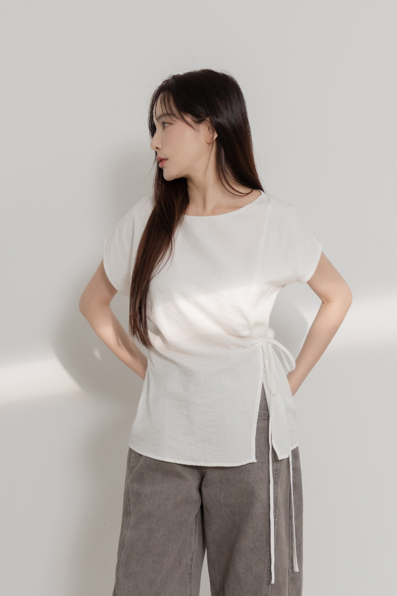 棉麻寬鬆腰綁帶上衣