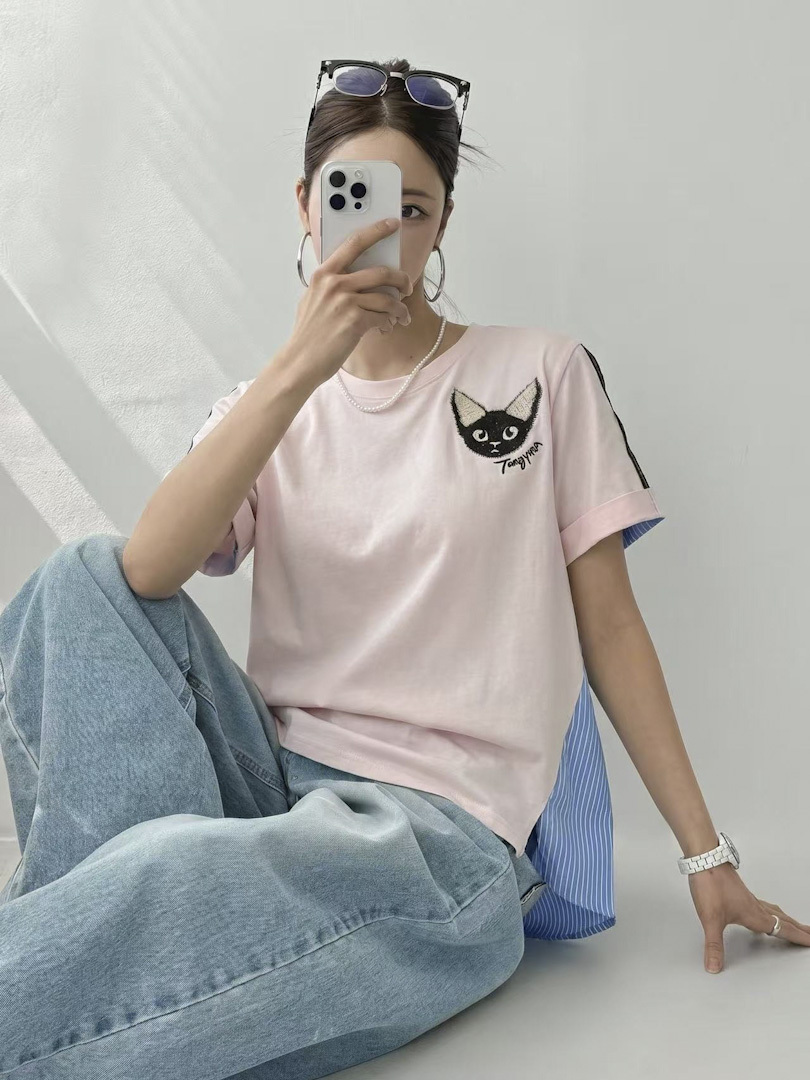 不單調設計感★刺繡貓咪拼接撞色棉T