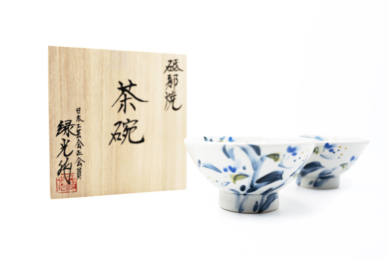 砥部燒｜夫妻碗兩件組 - 綠光作 - 藍繪草葉紋碗