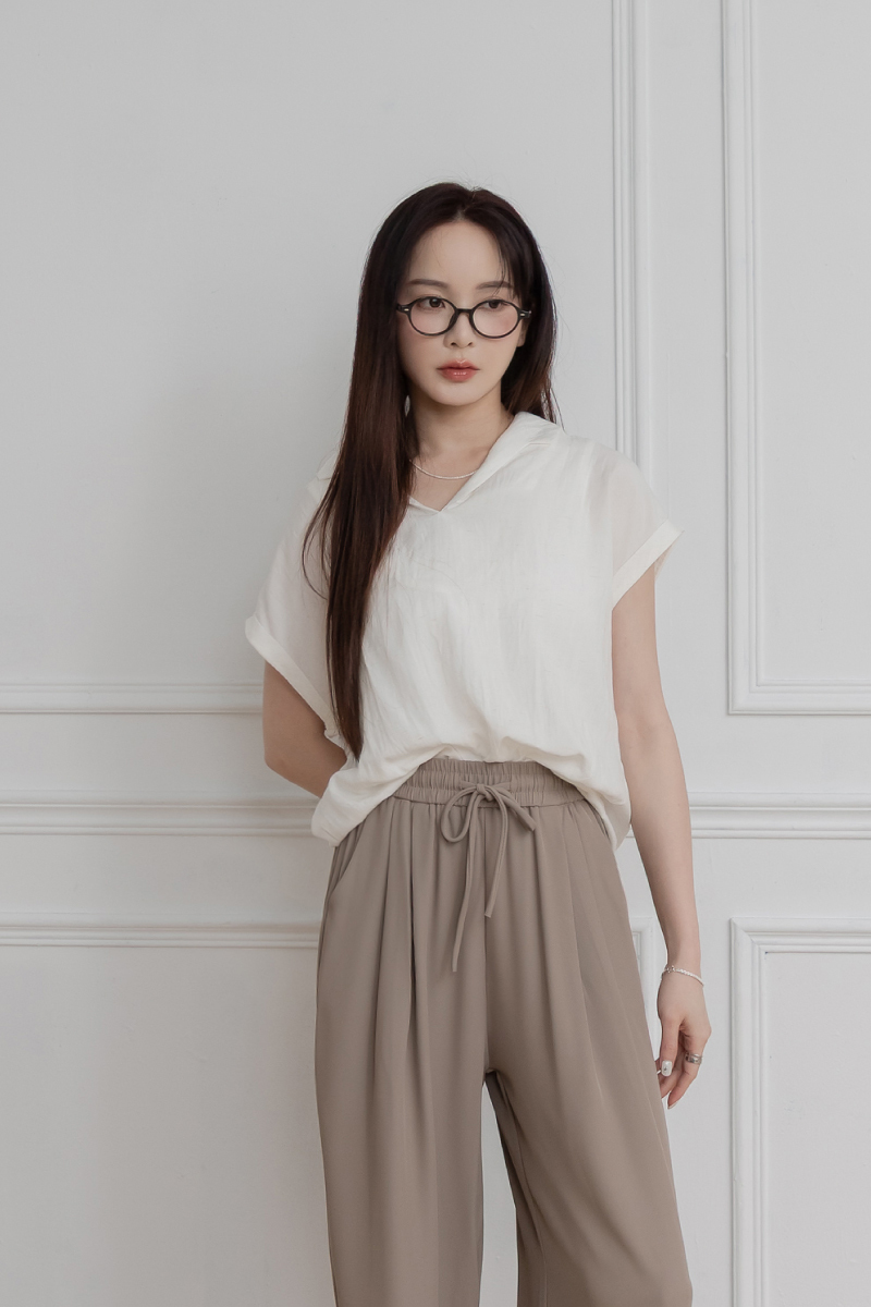 POLO領反摺袖棉麻上衣