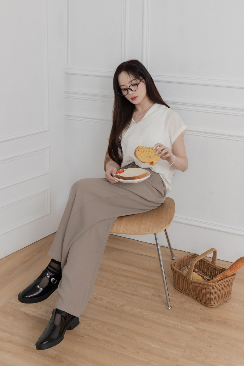 POLO領反摺袖棉麻上衣