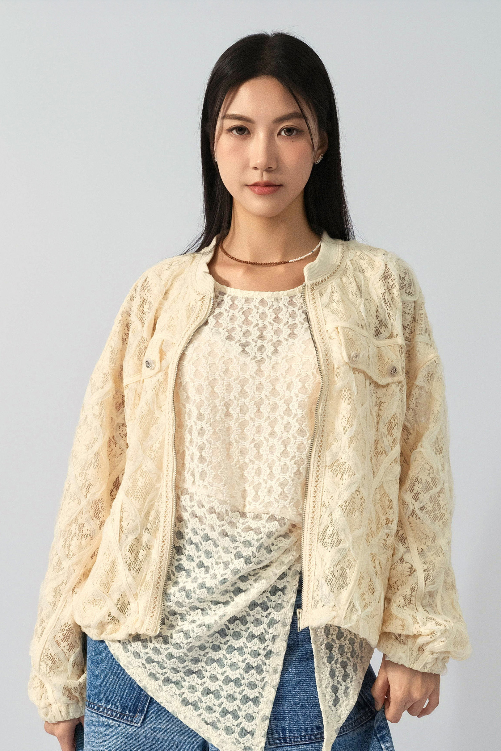 網帶車花蕾絲拉鍊外套（預購產品）