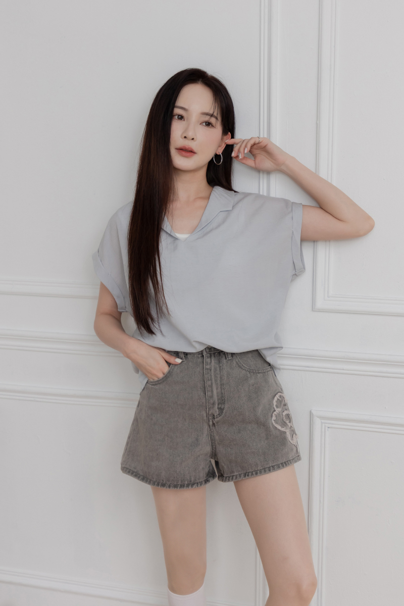 POLO領反摺袖棉麻上衣