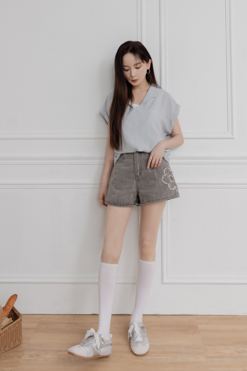 POLO領反摺袖棉麻上衣