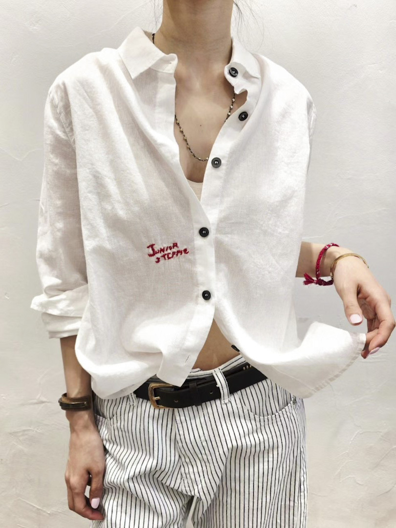 輕法式空氣感棉麻刺繡襯衫