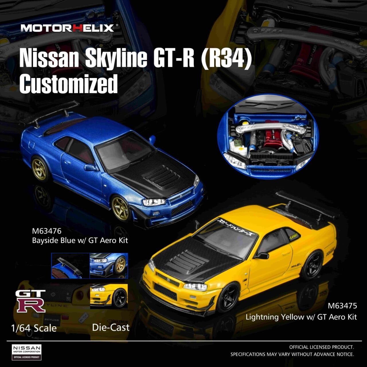 PO-$150 * MOTORHELIX * 1:64 NISSAN SKYLINE GT-R R34 CUSTOMIZED GT LIGHTNING YELLOW