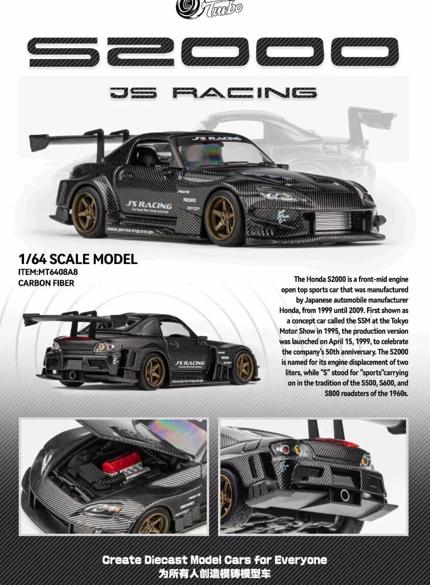 PO-$250 * MICRO TURBO * 1:64 HONDA S2000 AP1 J'S RACING FULL CARBON BLACK